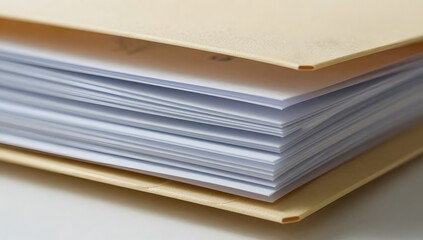 Close-up of a manila folder filled with lots of loose leaf paper documents