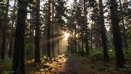 Obraz premium Sunlight pierces through the trees in a dense forest, illuminating a winding path
