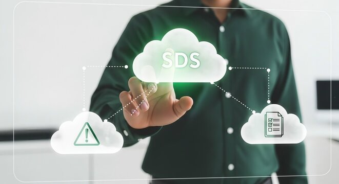Businessman touching virtual cloud interface for SDS safety data sheet management