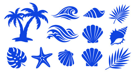 Collection of Blue Tropical Beach Elements and Palm Trees. © Yann