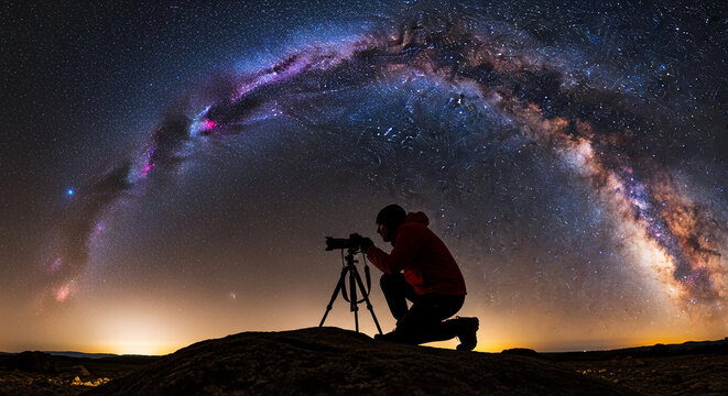 Silhouette of a person with a camera on tripod under a vibrant Milky Way, representing astrophotography, exploration, and connection with nature