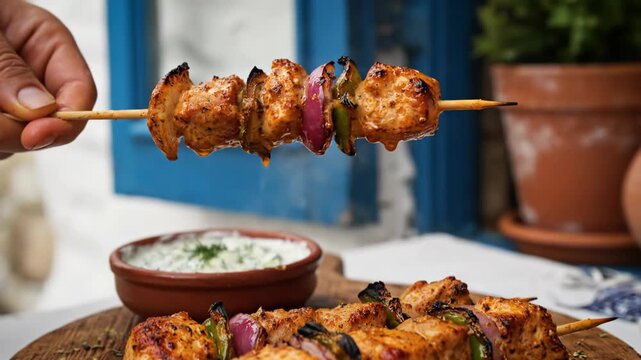 Grilled chicken skewers with dipping sauce on a plate.