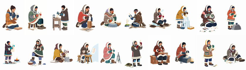 Traditional Inuit women hand-carving intricate sculptures and art, showcasing Arctic craftsmanship and cultural heritage. © Asep