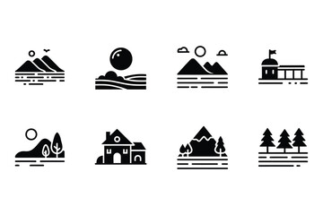 Collection of landscape and building icons, minimalist, vector graphic