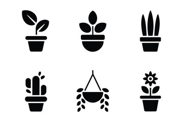 Potted plant icons, home decor, minimalist vector set