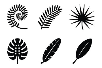 Tropical leaf icons, jungle foliage, minimalist vector set