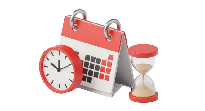 A red and white calendar clock and hourglass on a transparent background for time concepts