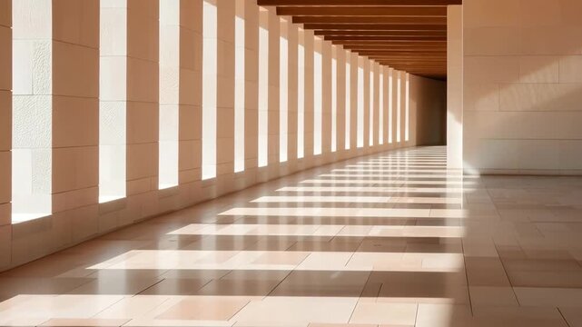 Long corridor. Light creates diagonal patterns on the floor. The walls have pillars that highlight the space. The corridor leads to a brighter area