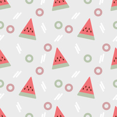 Cute pink watermelon slice seamless pattern on light grey background, summer fruit vector illustration.