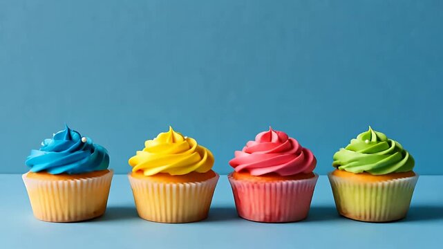 Vibrant row of cupcakes with brightly colored frosting on a simple background