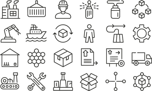Industrial manufacturing and factory line art Icon Set