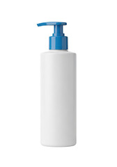 A white hand soap dispenser with a blue pump on a white background