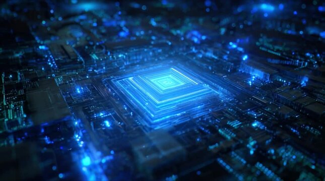 Superfast AI processor performing complex computations with glowing blue energy circuits (AI Generated)
