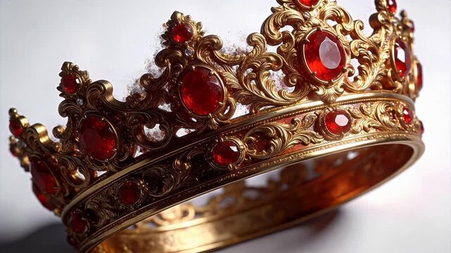 A golden crown with red jewels and ornate carvings on a light background