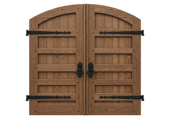 A pair of rustic wooden doors with intricate iron hinges and handles.