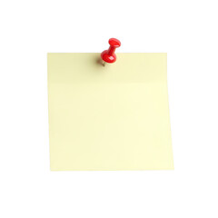 A single sticky note with a red pin attached to it against a white background.