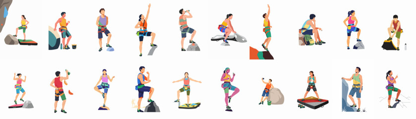 Diverse climbers in various poses, showcasing bouldering and rock climbing activities, including preparation, action, and relaxation moments, with essential gear. © Asep