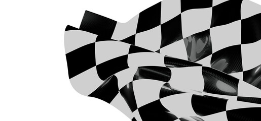 A close-up of a checkered flag waving in the wind against a white background, symbolizing speed, victory and competition