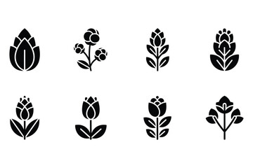 Botanical Icon Set Silhouette: Flowers, Plants, Buds, Leaves