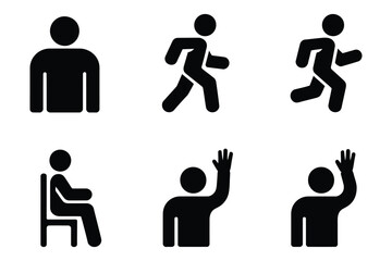 Human Icon Set Silhouette: Standing, Walking, Running, Sitting, Waving