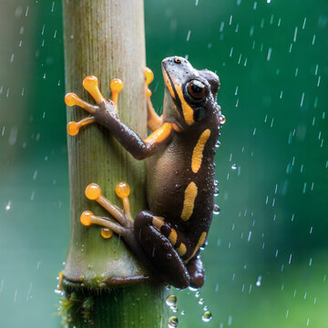 Side-profile macro of Coqu&iacute; frog climbing bamboo, emphasizing toe pads with water droplets, jungle background.