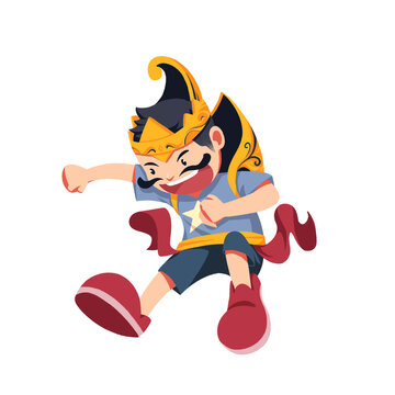Cute Little Boy Wearing Gatotkaca Traditional Costume Jumping Energetically