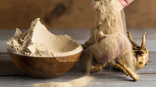 Maca Powder Being Poured Over Maca Root and in a Bowl on Wood
