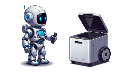 Robot standing next to an open trash can