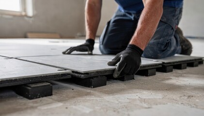 Medium shot of a flooring specialist placing rubber isolation under modular panels with clear focus on isolation material and softfocus background.