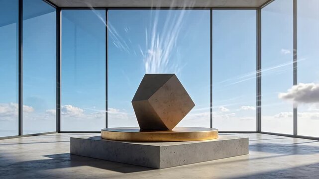 Modern art gallery interior with tilted stone cube sculpture against glass wall