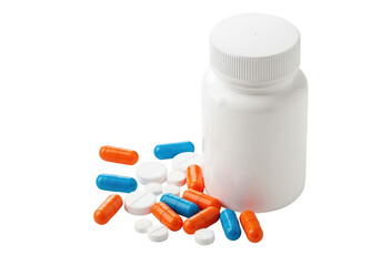 Assorted pills and a white bottle on a white background