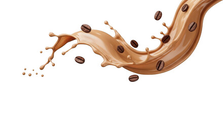 Brown coffee splash with coffee beans isolated on transparent background