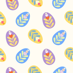 Fototapeta premium Seamless Easter pattern with colorful eggs on isolated background. Festive design for Mother’s Day, Easter, spring and summer celebration, scrapbooking, textile, home décor, paper crafts, wallpaper.