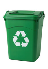A large green recycling bin with a white recycling symbol on the front.