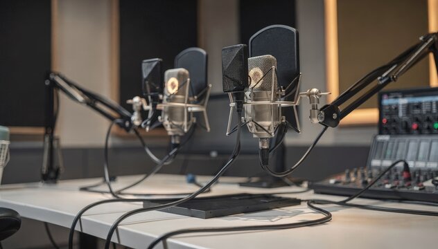 Close to medium shot emphasizing complex 3D audio mic arrays in a radio booth environment with the surrounding studio softly blurred to enhance the binaural experience.