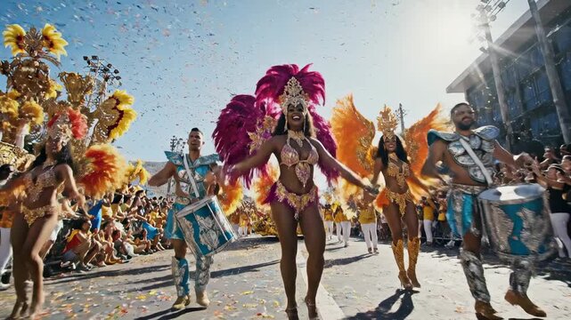 Carnival Dancers in Colorful Costumes Parade in the Street.