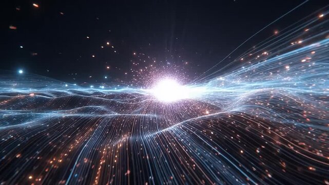 Abstract landscape with illuminated data streams and glowing particles creating depth