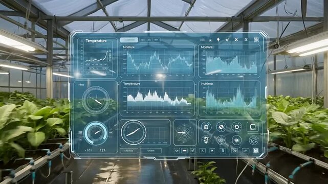 Hightech futuristic greenhouse agriculture environment with monitoring system and healthy crop plants
