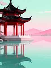 Serene Red Pagoda Reflection on Turquoise Lake