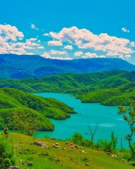 Obraz premium Bovilla, Albania - April 27, 2024. Attractive spring view of Bovilla Lake, Tirana city location. Majestic morning landscape of Albania, Europe. Beauty of nature concept background. Hike, breath relax 