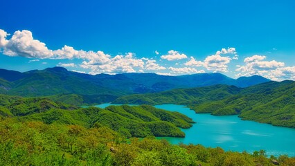 Bovilla, Albania - April 27, 2024. Attractive spring view of Bovilla Lake, Tirana city location. Majestic morning landscape of Albania, Europe. Beauty of nature concept background. Hike, breath relax
