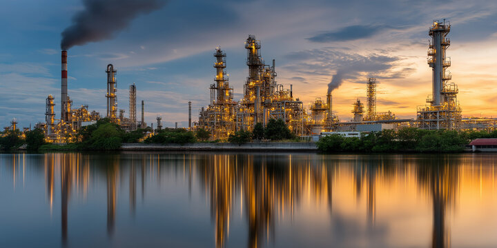 Industrial economic recovery stimulus initiatives oil refinery complex photography urban environment panoramic view