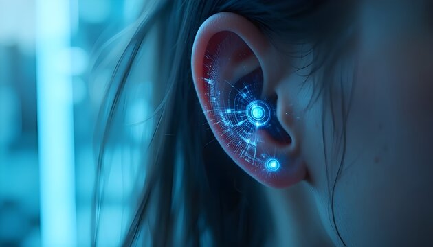 AI-Enhanced Ear Device &ndash; close-up of futuristic ear implant with holographic sound waves, minimal clean sci-fi design
