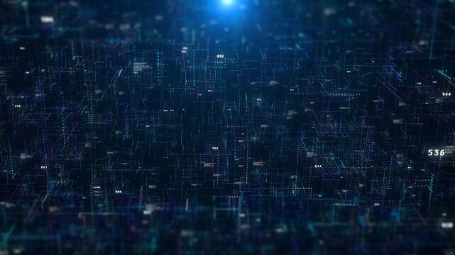 Technology digital line corner structure cyber data network connection concept. Abstract 3d futuristic fly trough areal view backward 4K motion background.