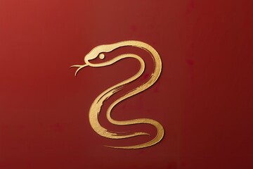 Fototapeta premium Snake zodiac in smooth curved golden line, subtle 3D gold foil highlight, minimalist composition, deep matte red backdrop, refined premium aesthetic
