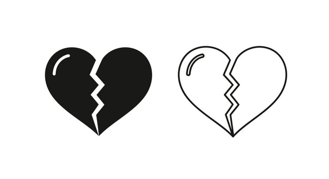 Broken heart love symbols, black and white heart split in half, romance concept Vector