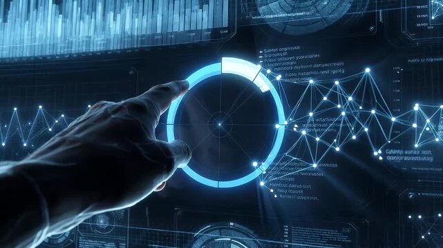 Futuristic data visualization interface with hand interacting with circular graph on screen