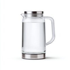 Obraz premium Transparent glass pitcher with water, modern design, stainless steel accents, perfect for dining and kitchen settings