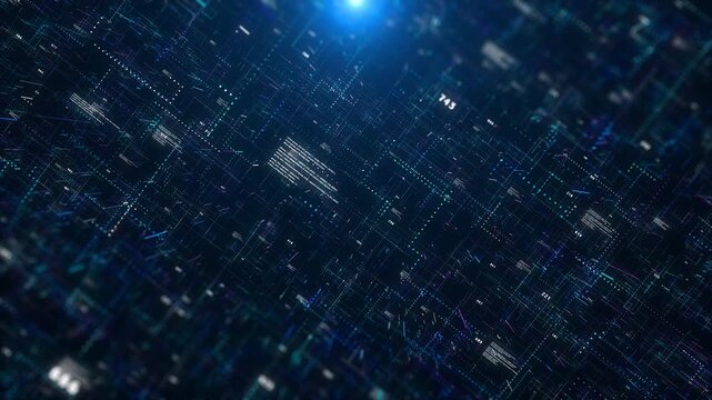 Technology digital line corner structure cyber data network connection concept. Abstract 3d futuristic fly trough areal view 4K motion background.