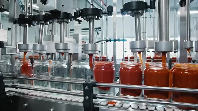 Industrial food processing line filling glass jars with a red tomato sauce